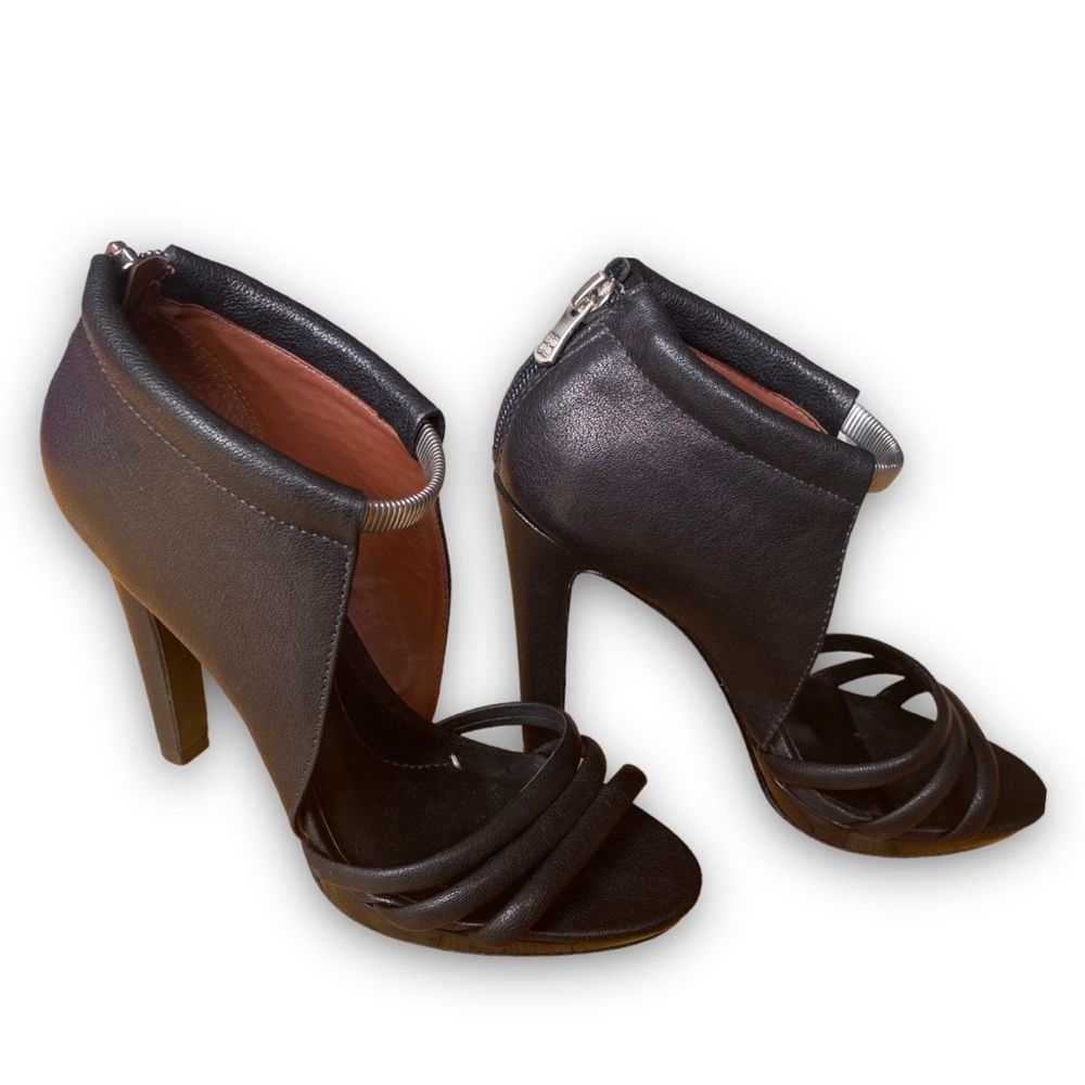 BCBGMAXAZRIA: Leather Ankle Strap Open Toed Stilettos